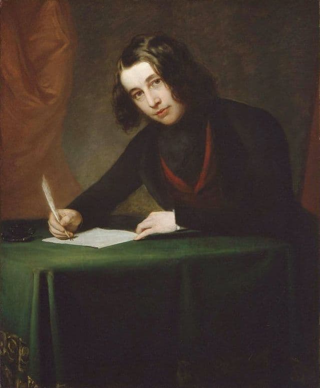 A painted portrait of a young Charles Dickens, seated, in early Victorian dress.