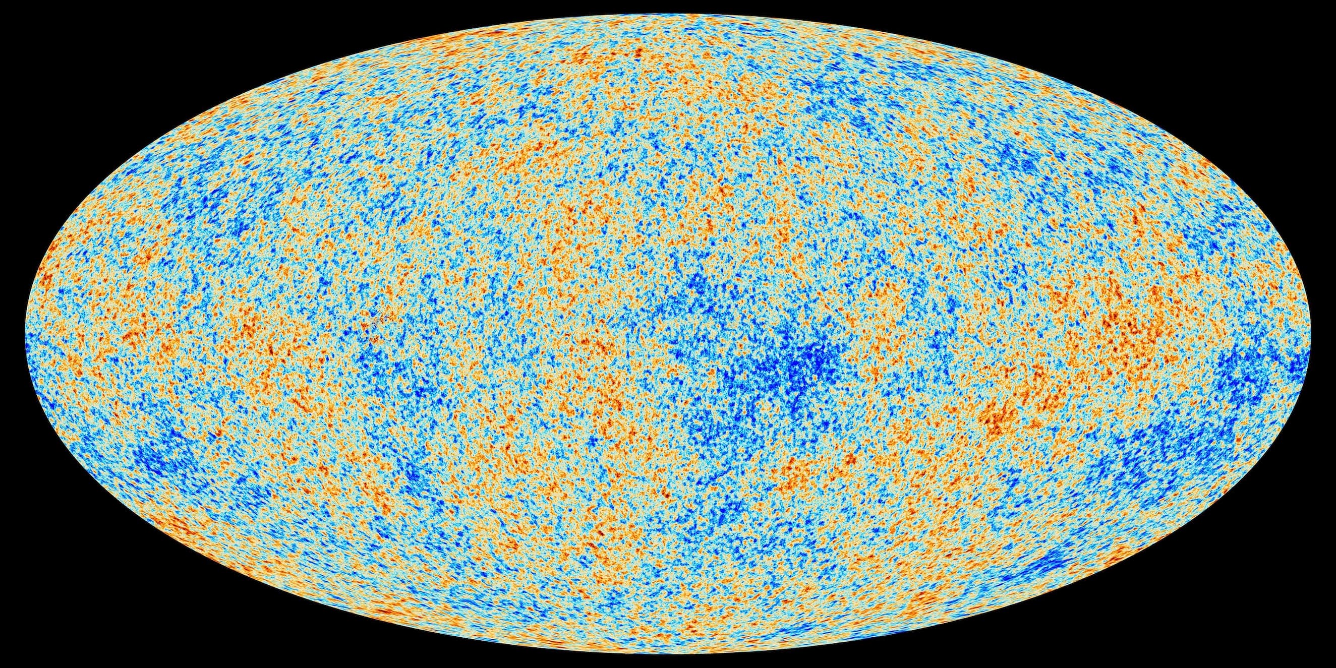 An oval all-sky map showing the cosmic microwave background as a mottled pattern of red, yellow, and blue patches representing tiny temperature differences.
