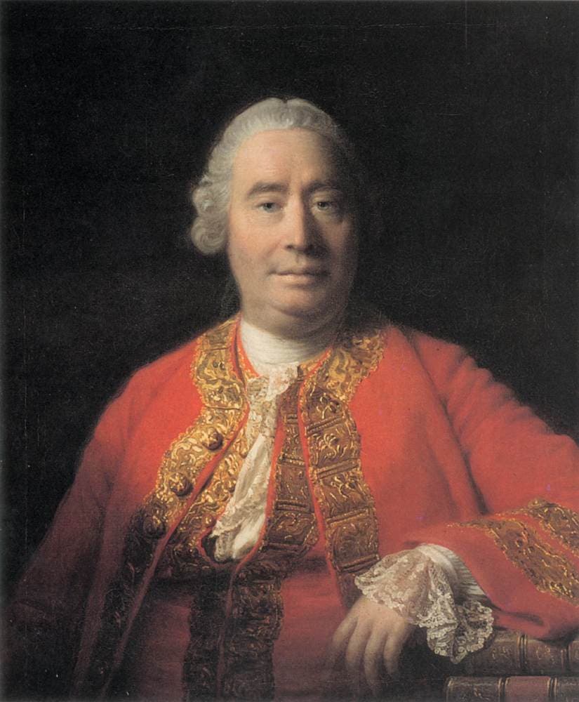 An 18th-century oil portrait of David Hume, shown in a red coat, looking slightly to the side with a calm expression.