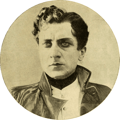 A black-and-white portrait of the actor Ivan Mosjoukine, a man with slicked-back hair and a calm, steady gaze.