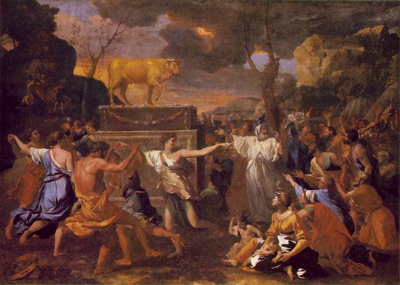 A crowded, colorful painting of people dancing and celebrating around a small golden statue of a calf raised on a pedestal.
