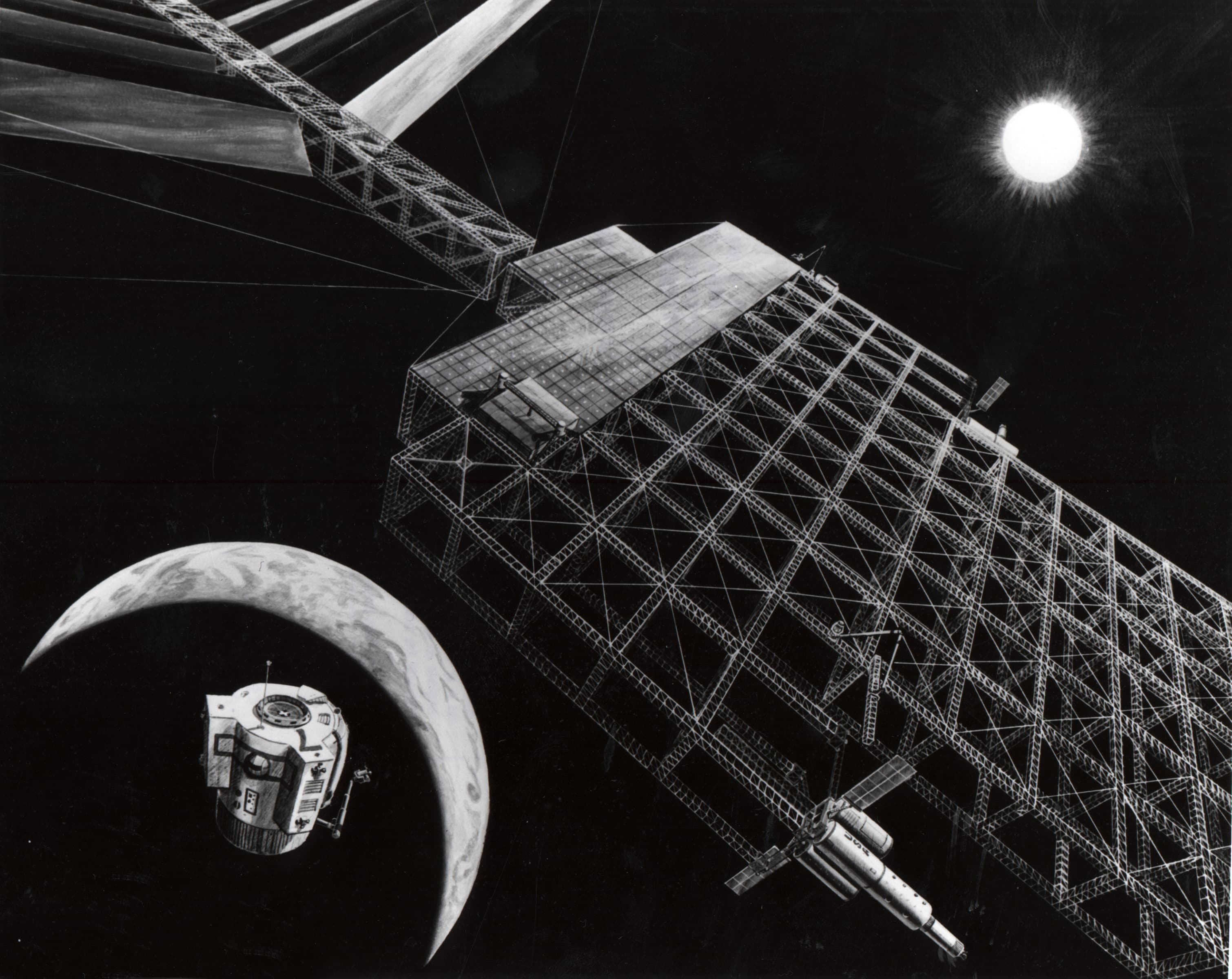 A 1976 NASA concept illustration of a huge solar power satellite with two large rectangular solar panel wings in orbit above Earth.