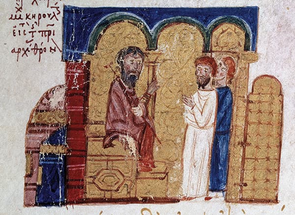 A medieval depiction of Patriarch Michael I Cerularius seated on a throne.