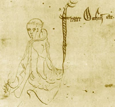 A small medieval pen sketch of a hooded friar, labelled 'frater Occham iste'.