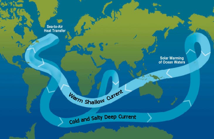 A world map diagram showing the global thermohaline circulation as a looping conveyor belt of blue deep currents and red surface currents connecting all ocean basins.