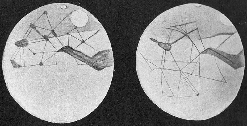An old hand-drawn double-hemisphere map of Mars covered in dozens of thin straight lines labeled as canals.