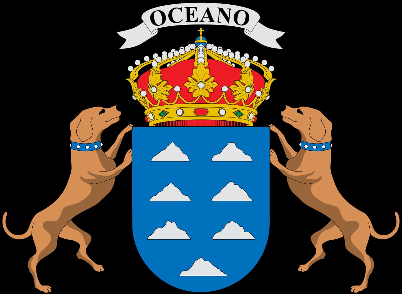 Coat of arms of the Canary Islands showing two dogs rearing beside a shield of seven islands.