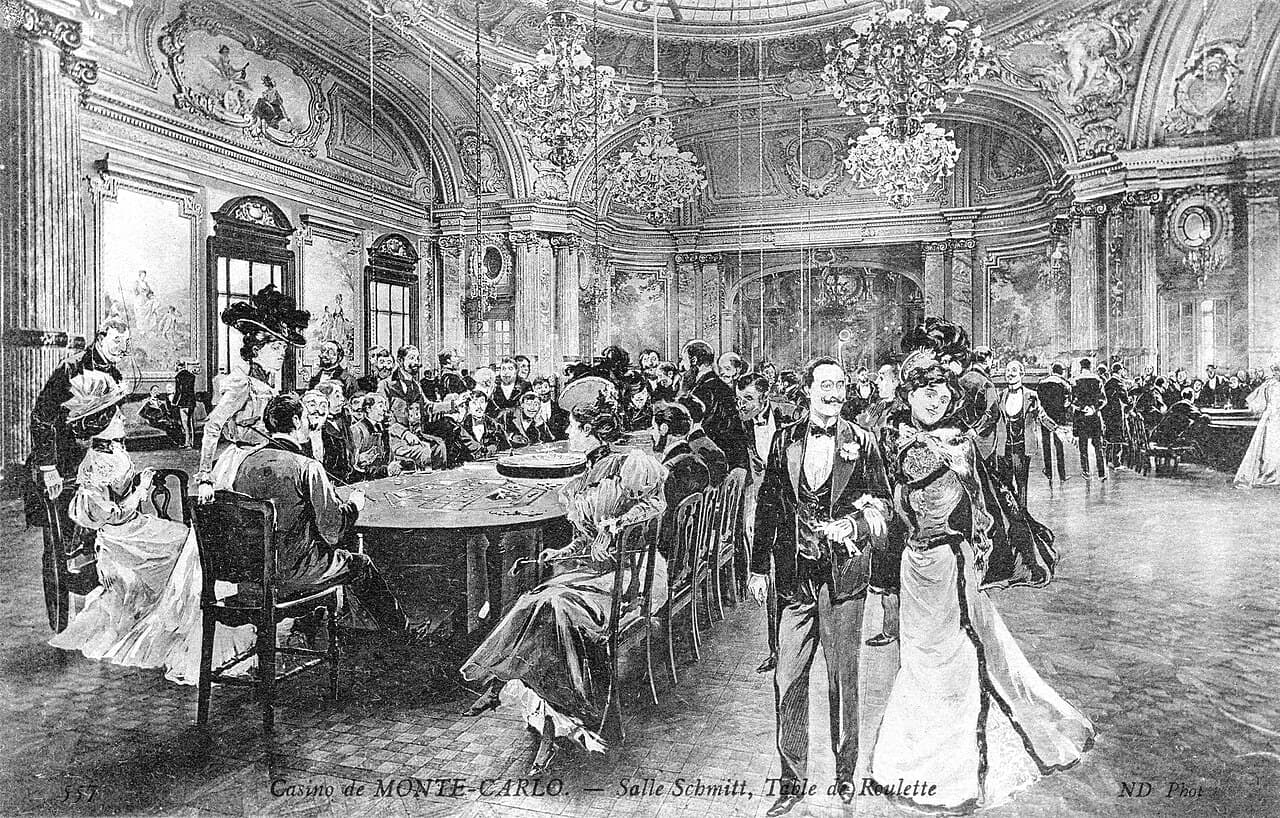 An antique postcard showing a roulette table at the Casino de Monte-Carlo.