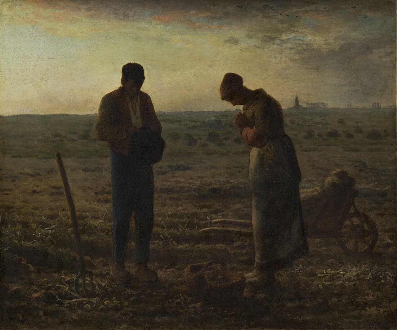 Jean-François Millet's painting The Angelus, showing two peasants pausing in a field at dusk to pray, with a church steeple on the horizon.