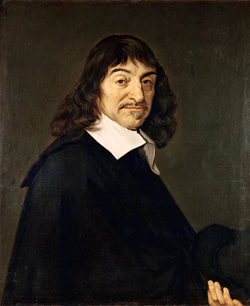 Painted portrait of René Descartes, dressed in black with a white collar, looking serious.