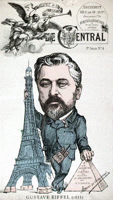 19th-century newspaper caricature of Gustave Eiffel, drawn as part of the Eiffel Tower itself, published after the artists' protest.