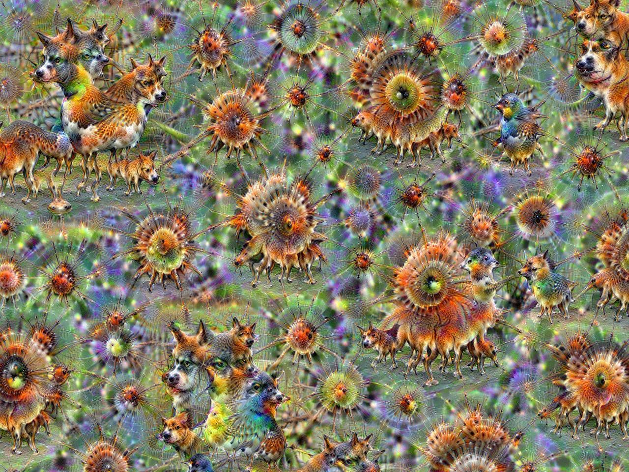 DeepDream-generated image from white noise, showing swirling patterns and emergent eye and animal-like shapes.