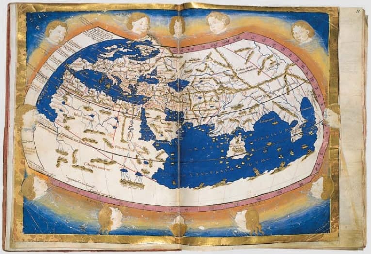 An old reconstructed world map following Ptolemy's Geographia, oriented with north at the top, showing Europe, Africa and Asia in distorted outlines.