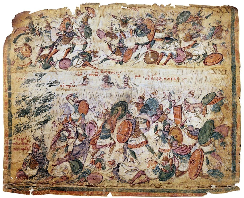 An ancient illuminated manuscript page showing battle scenes from the Iliad, painted in a late antique style.
