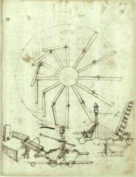 A 15th-century ink drawing of an overbalanced wheel perpetual motion machine, showing weighted arms attached around a wheel's rim.