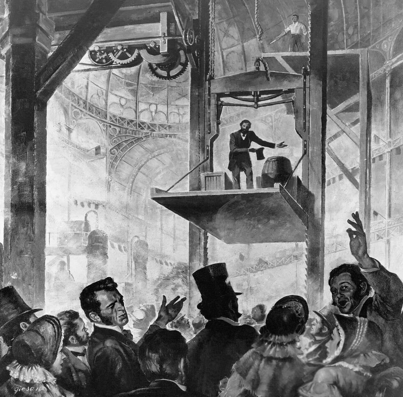 Illustration of Elisha Otis standing on a raised elevator platform before an astonished crowd in a vast iron-and-glass exhibition hall, with a man at the top of the hoist above him.