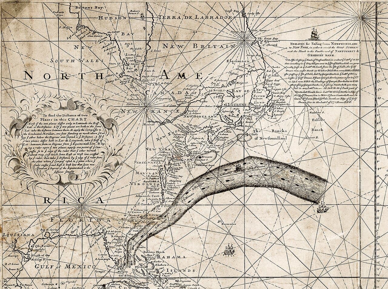 An 18th-century engraved chart of the North Atlantic coast of America, with a dark band drawn offshore showing the path of the Gulf Stream.