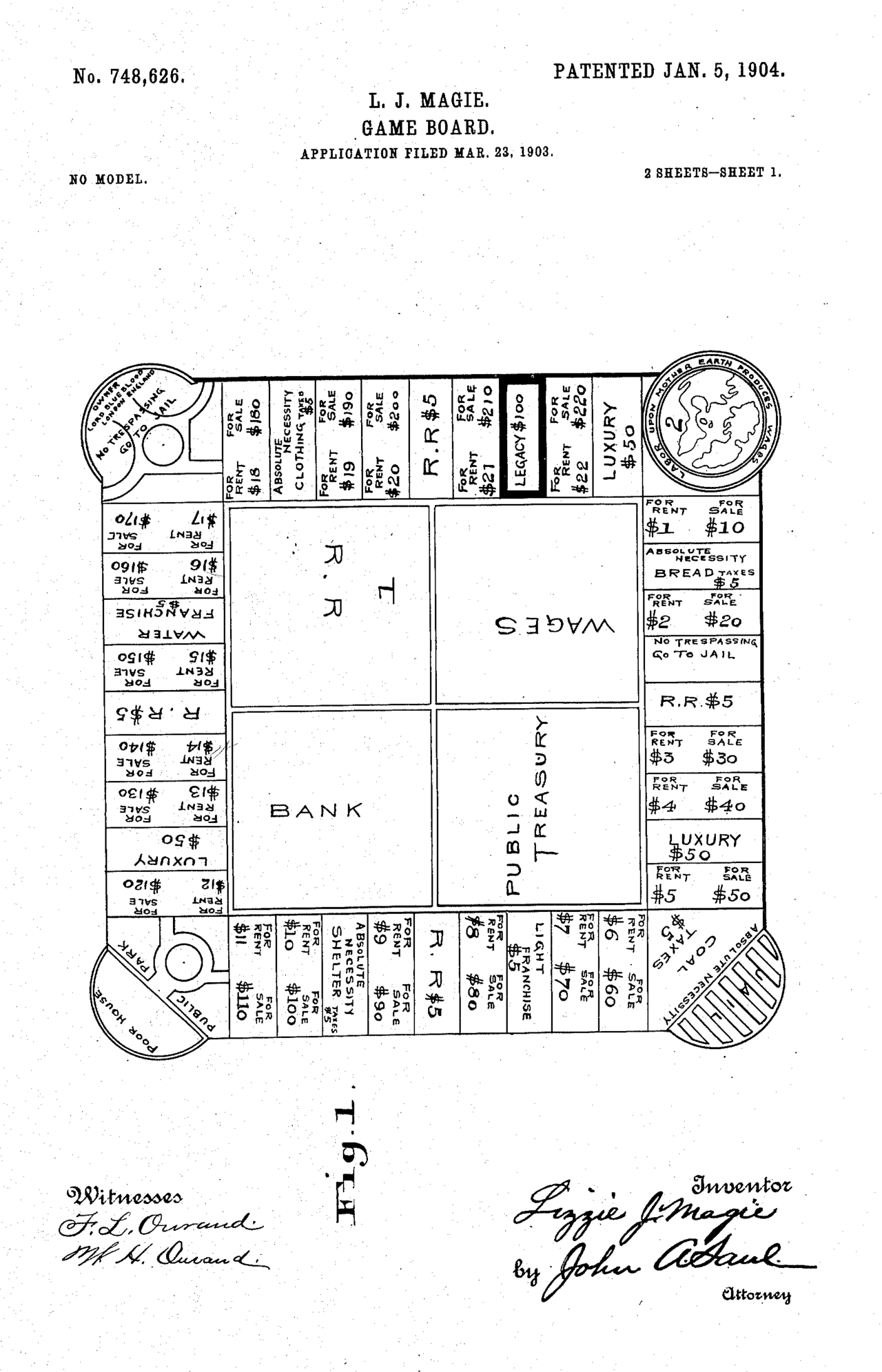 Patent drawing of a square game board with a track of spaces running around its edge and labelled corner squares