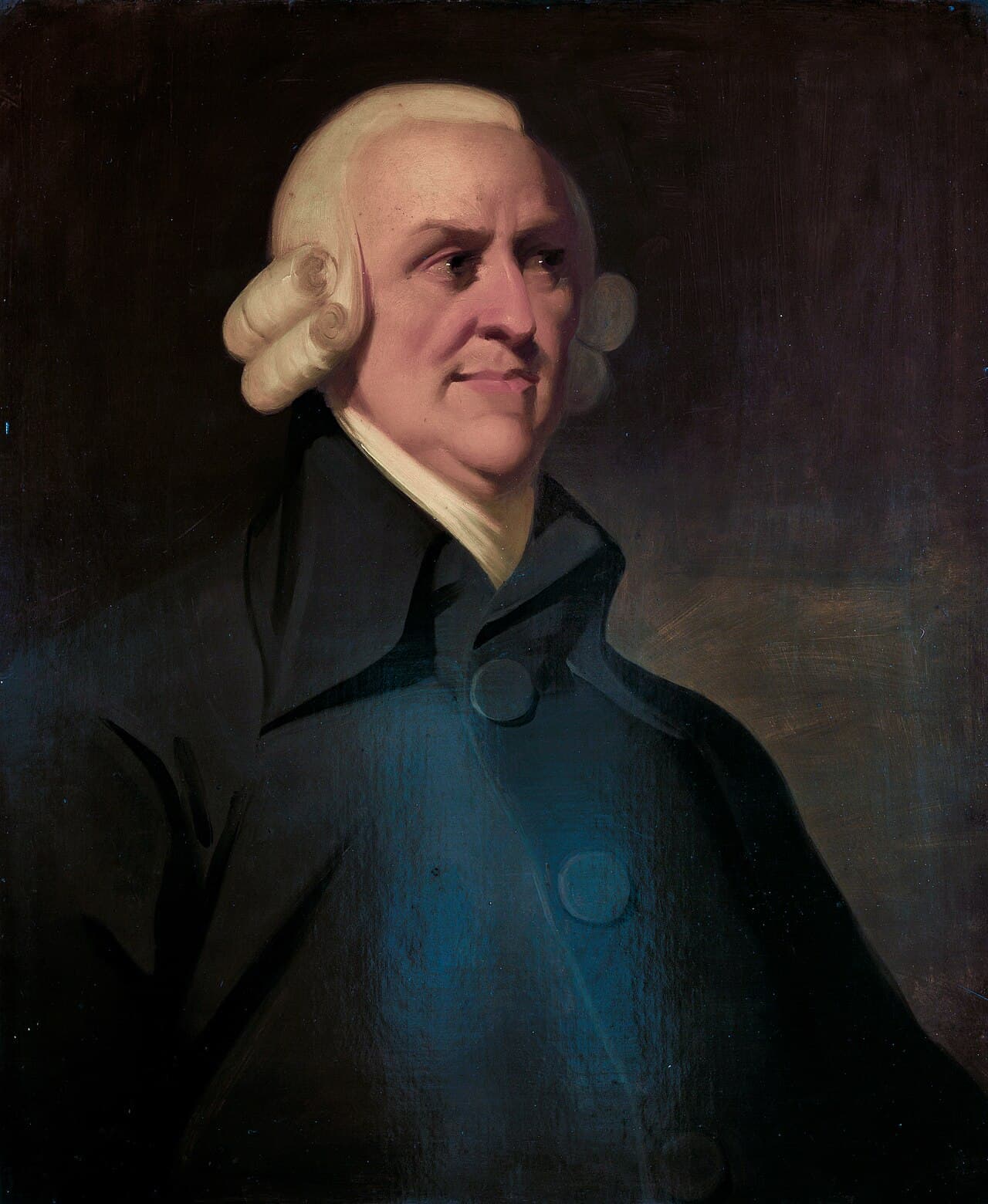 Portrait painting of Adam Smith, an 18th-century man in a dark coat and white cravat.