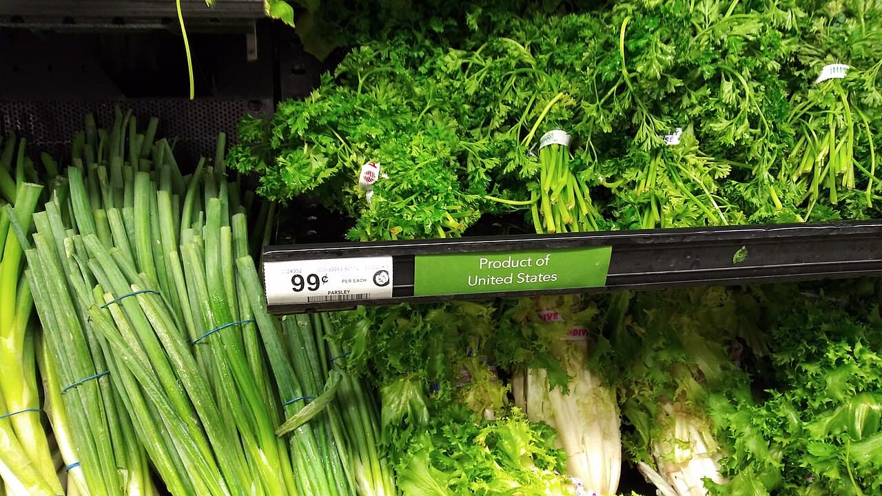 Bunches of parsley and green onions in a supermarket, with a shelf tag reading 99 cents each.