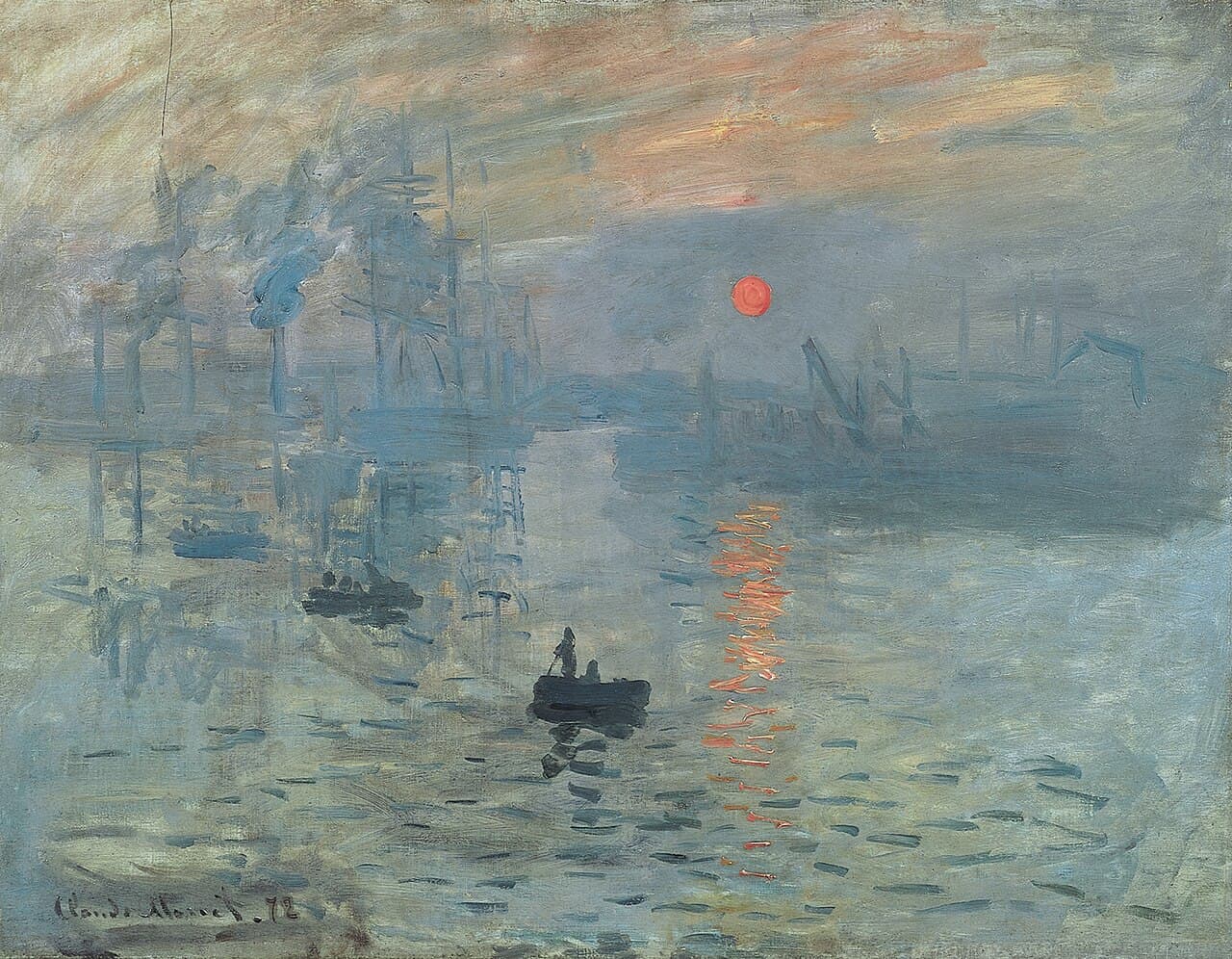 A hazy, loosely brushed painting of an orange sun rising over a misty harbor with small boats and faint industrial silhouettes.