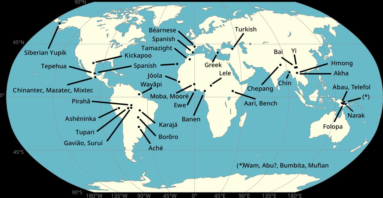World map with labels marking whistled languages on every inhabited continent, including Spanish on La Gomera, Béarnese in France, Turkish, Greek, Hmong, Pirahã and many others.