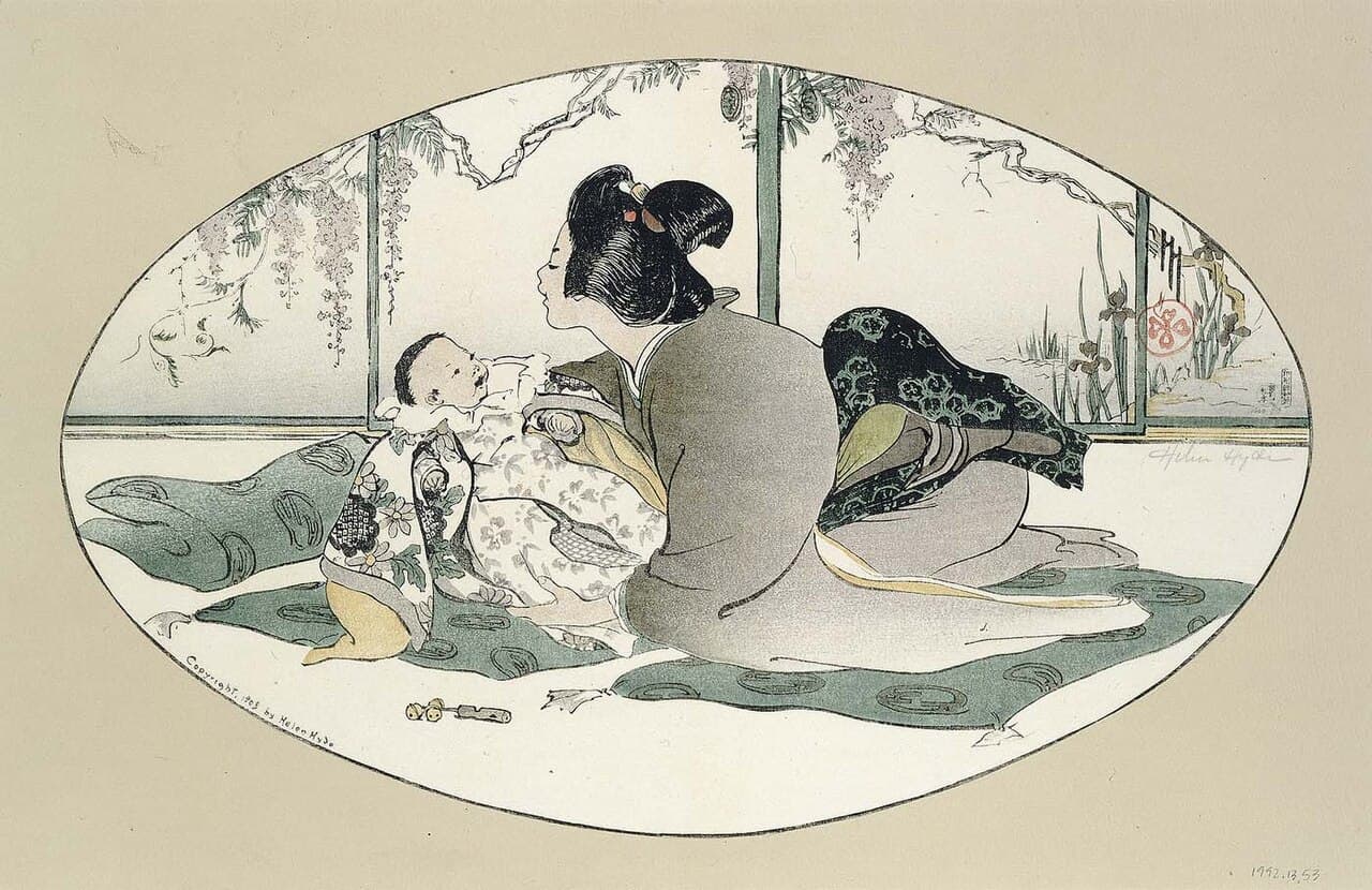 A 1908 colour woodblock print by Helen Hyde, 'Baby Talk': a woman in a kimono kneels and leans towards a smiling baby lying on a cushion.