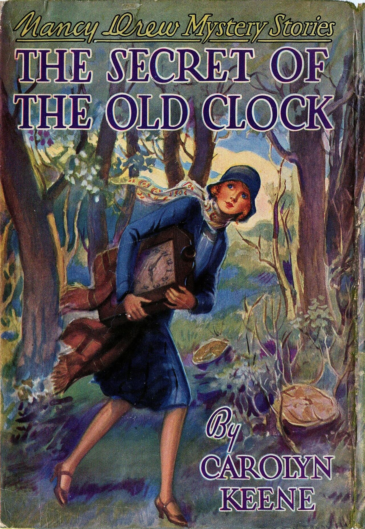 A 1930s illustrated cover of The Secret of the Old Clock, showing Nancy Drew crouched beside an old grandfather clock.