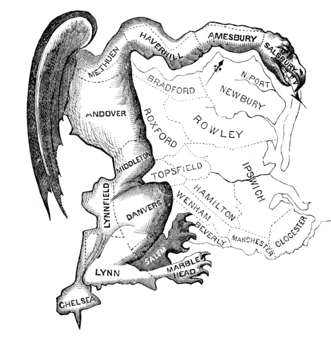 An old black-and-white cartoon of a winged, clawed, dragon-headed creature whose body is the outline of an electoral district.