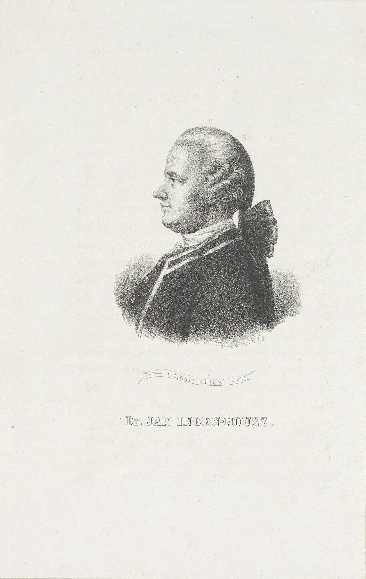 Engraved portrait of Jan Ingenhousz, an 18th-century Dutch-British physiologist and chemist.