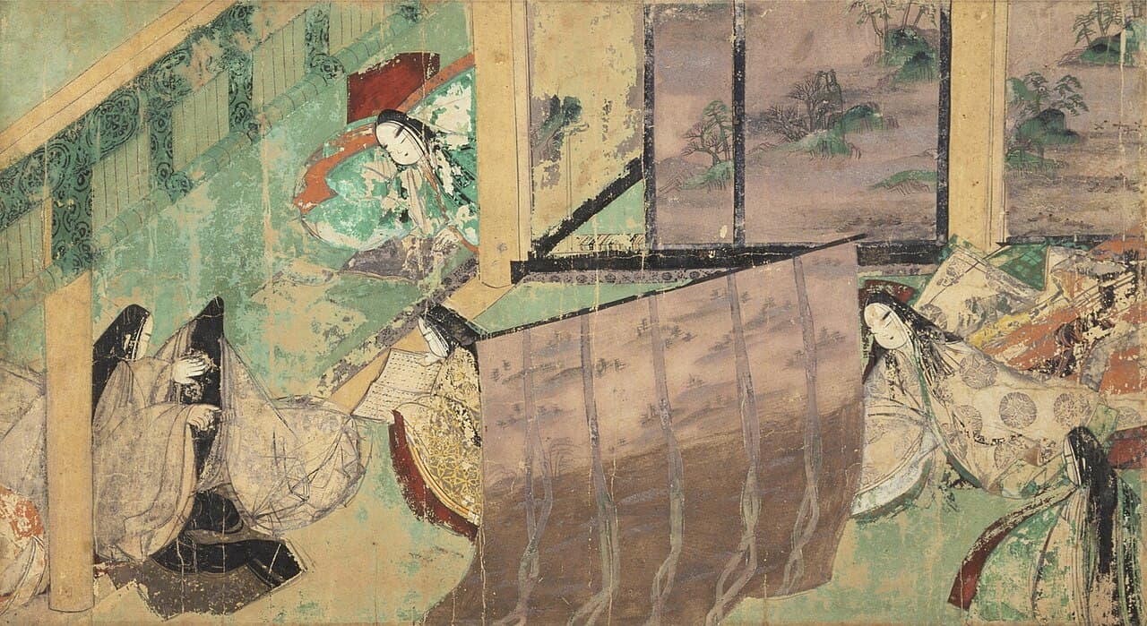 A 12th-century Japanese painted scroll seen from above, showing court ladies in layered robes behind folding curtains inside a palace room.