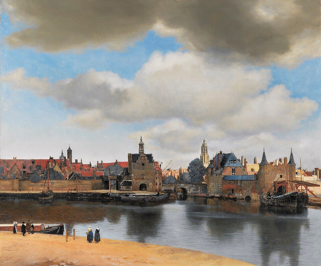 A calm painted view of the Dutch city of Delft across water, under a dramatic sky, with red-roofed buildings and church towers.