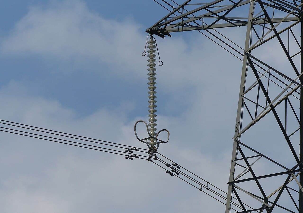 Close-up of high-voltage power cables with small dumbbell-shaped metal weights clamped onto them.